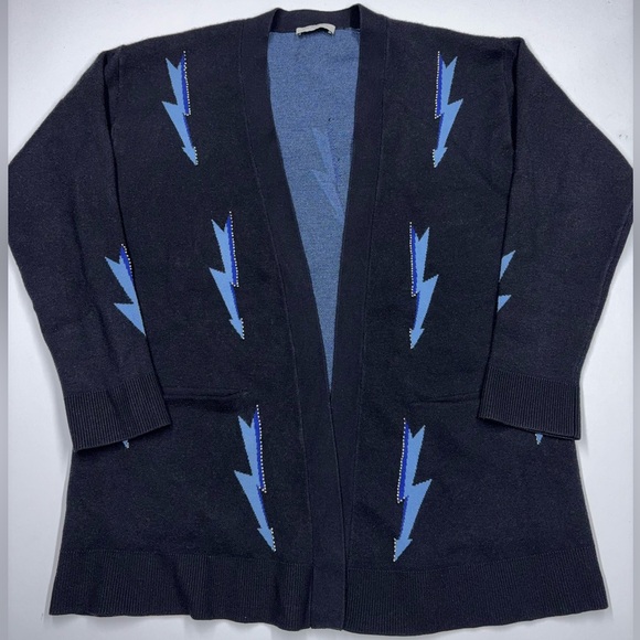 Sandro Paris Lightning Beaded Cardigan Black Blue CashmereBlend OpenFrontsweater - Picture 5 of 16
